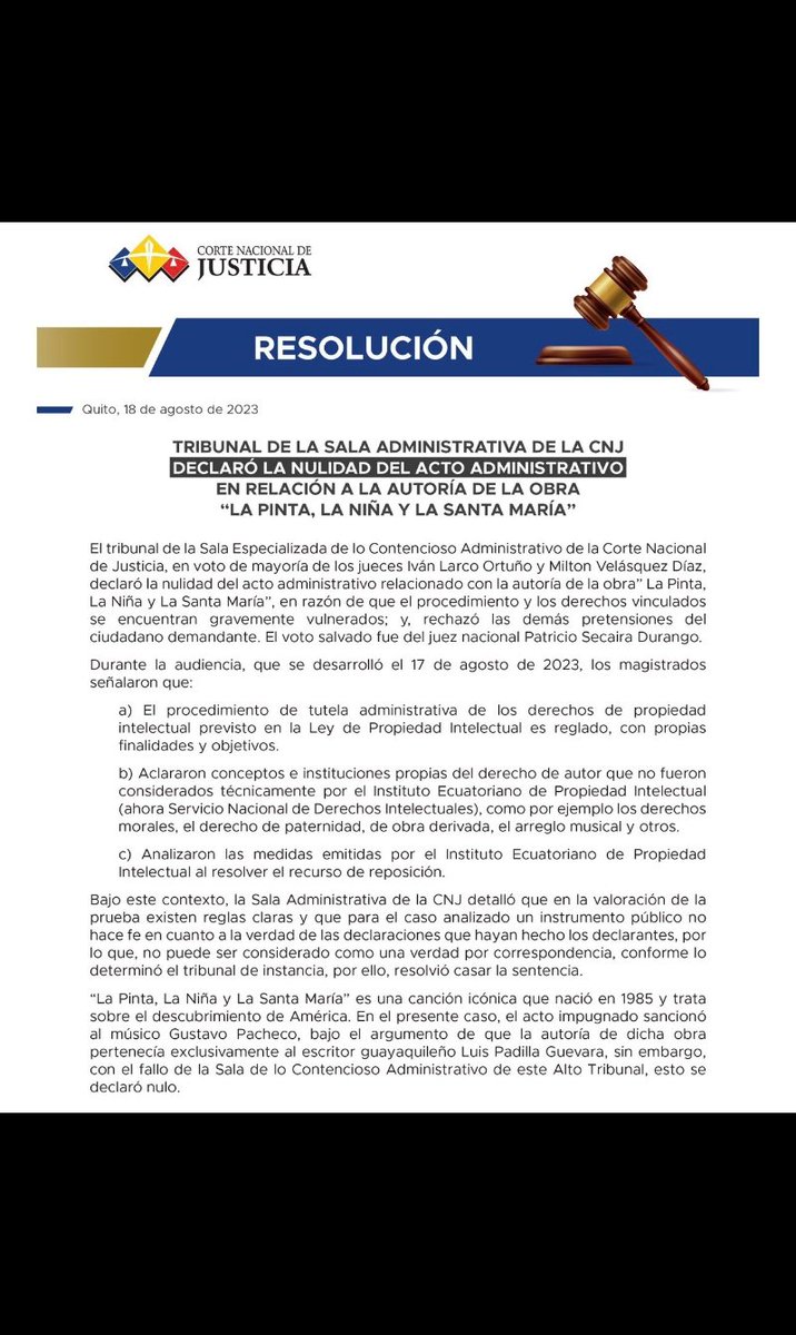 Pedro64radio's tweet photo. Se hizo justicia, la canción LA PINTA LA NIÑA Y LA SANTA MARIA en lo que se refiere a la música se dictaminó que pertenece al gran maestro GUSTAVO PACHECO, compartan conmigo esta justicia y alegría. Tomado de Don Richard Pacheco. https://t.co/4DqymULA4m
