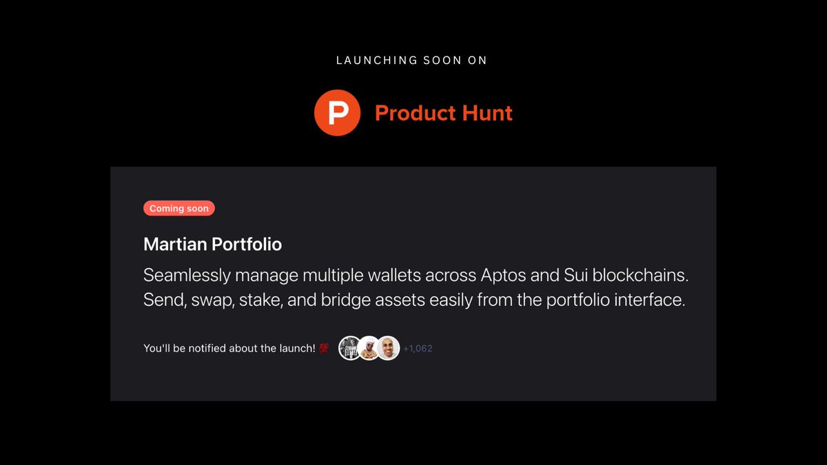 Hello Martians! Exciting news — Our Portfolio DApp is launching soon on <a href="/ProductHunt/">Product Hunt 😸</a> 🚀 

Follow us here 👉 producthunt.com/products/marti… to stay notified on the launch. More updates soon. 

Show some love with ❤️ 💬 🔁

#MartianPortfolio #PortfolioDApp #ProductHunt #MartianWallet
