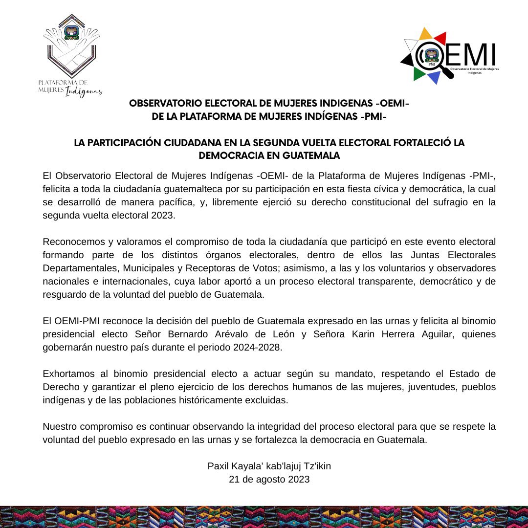 PlataformadeMI's tweet photo. 1/3 En un acto de participación cívica ejemplar, felicitamos a Guatemala por una segunda vuelta electoral pacífica y democrática. Reconocemos el compromiso de cada ciudadano/a, así como el esfuerzo de voluntarios y observadores, en la construcción de un proceso transparente✨🗳️ https://t.co/EqKAHMqB3s