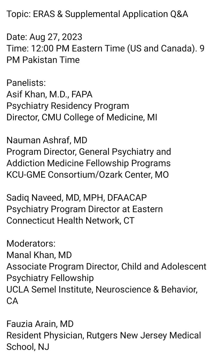 AhmadRehanKhan's tweet photo. @papana_org is arranging a webinar on:
ERAS & Supplemental Application Q&A
27th August, 12:00 PM EST or
9 PM PST
Register at:
https://t.co/E2bekxKtIU
#PAPANA #Match2024 #eras2024 #imgadvocate #InsidetheMatch #unmatchedMD #USMLE #psychtwitter #MedTwitter @ProjectImg @TheIMGevent @ImgJourney