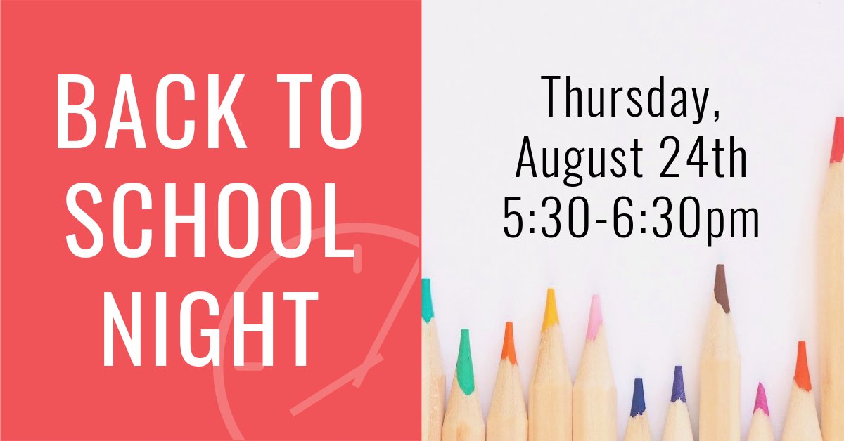You and your student are invited to our yearly Back to School Night on Thursday, August 24th  5:30-6:30pm. You will be able to tour the classroom and listen to important information from the teachers.