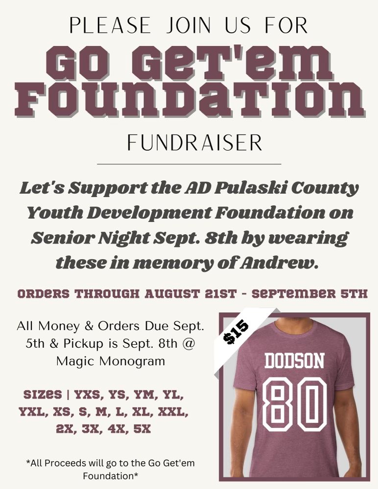 PulaskiBarstool's tweet photo. Support this fundraiser in honor of Andrew Dodson! In memoriam, the football student section theme on 9/8 will be “Andrew Dodson” as it is the first home game of the season, and what would’ve been his senior night. We encourage you to wear anything that will commemorate him. https://t.co/nTax5VrhDV