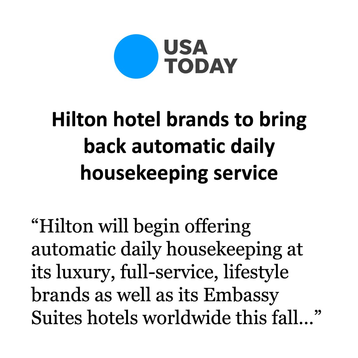 BIG NEWS FOR HOTEL HOUSEKEEPERS &amp; GUESTS

Hilton will offer automatic daily housekeeping at its luxury, full-service, lifestyle brands as well as Embassy Suites hotels worldwide this fall

We've fought for automatic daily housekeeping since some hotels eliminated it during COVID