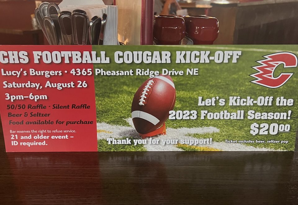 CentCougsFB's tweet photo. Join us this Saturday at 3:00 P.M. for the Cougar Football Kickoff at Lucy’s🔴⚪️⚫️ https://t.co/oVIN2CjWsU