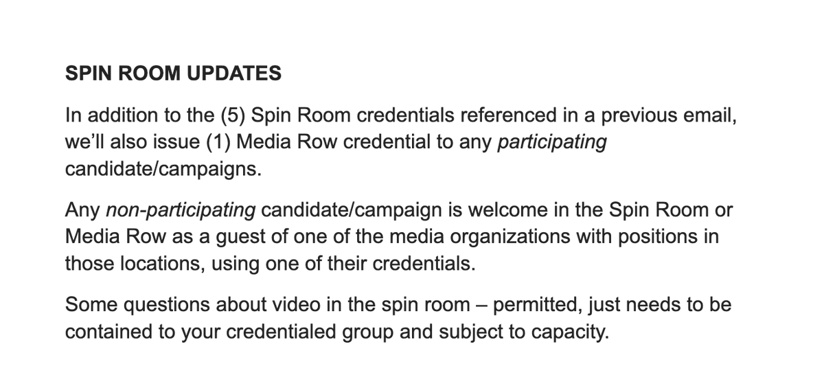 News: Fox News will not allow Trump surrogates/aides into the debate 'spin room' unless they are guests of a media organization. Credentials restricted to candidates who participate in the debate, per memo sent to campaigns tonight and obtained by Axios. axios.com/2023/08/22/fox…