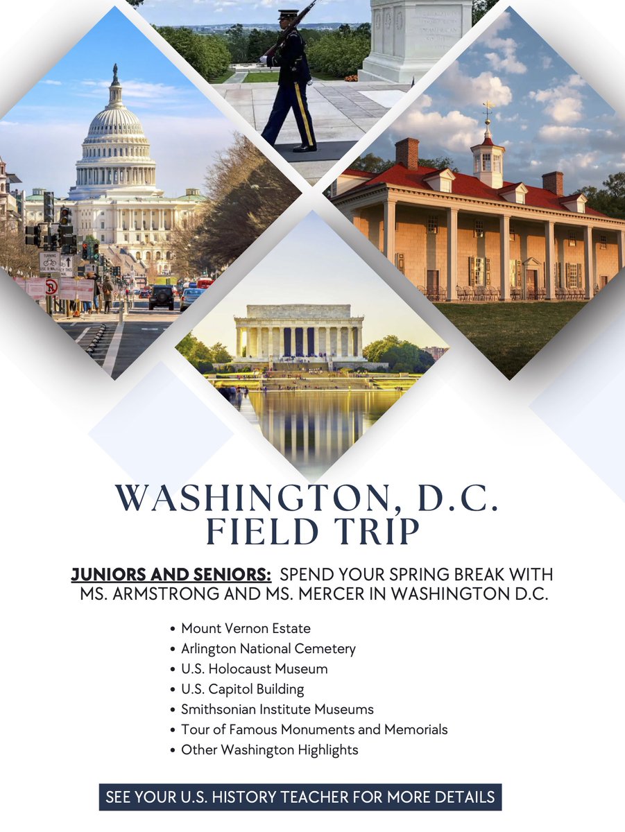 NWRankinHS's tweet photo. Calling all juniors and seniors...the US History Department is going to Washington, D.C., March 11-15. See Ms. Armstrong (Room B107) or Ms. Mercer (Room B111) for more info. An information meeting will be held on August 28th at 6:30 in the NWRHS Lecture Hall. #SeeDC https://t.co/R9dvJdMSLO