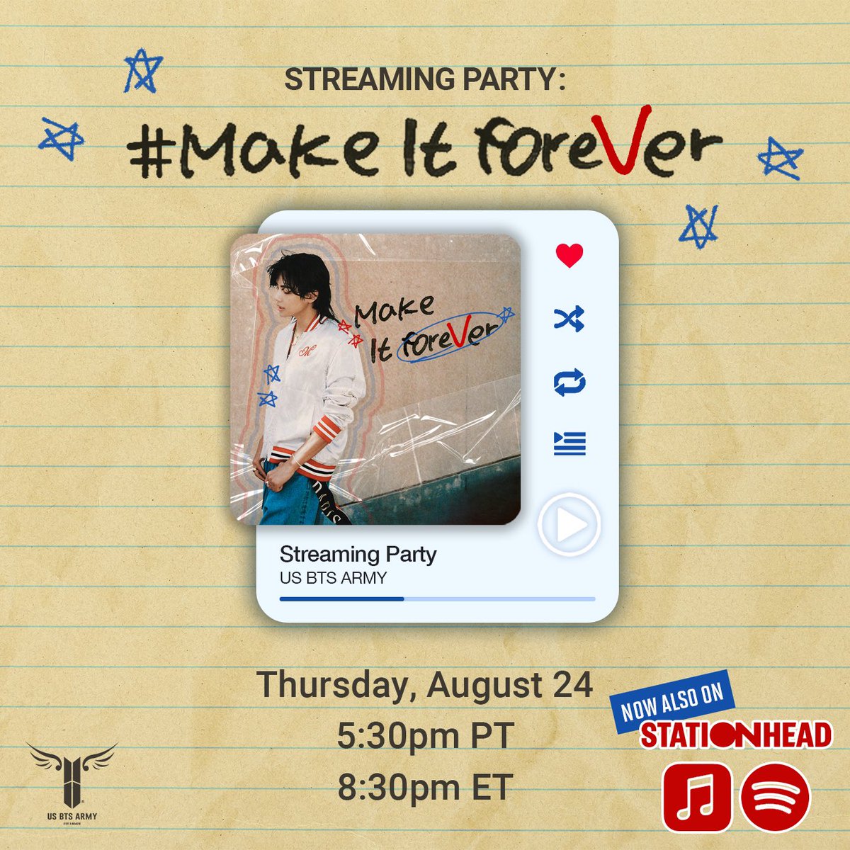 USBTSARMY's tweet photo. ARMY weโre having a #MakeItForever streaming party this Thursday 8/24! ๐ฅณ
Hope you can make it 5:30p PT / 8:30p ET!
Until then keep streaming๐ถ https://t.co/4LfMdY2rPh