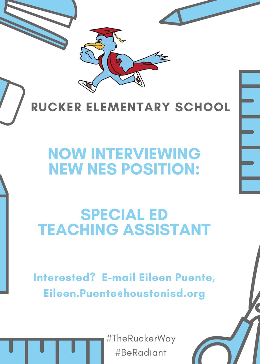 Now Hiring: Special Ed Teaching Assistant! Will provide Special Education Resource Support
Salary Range: $22,080 – $36,433  (10 month position)
Requirements: At least 48 college hours OR Associate’s degree OR passing THEA scores
Email 📧 Eileen.Puente@houstonisd.org
