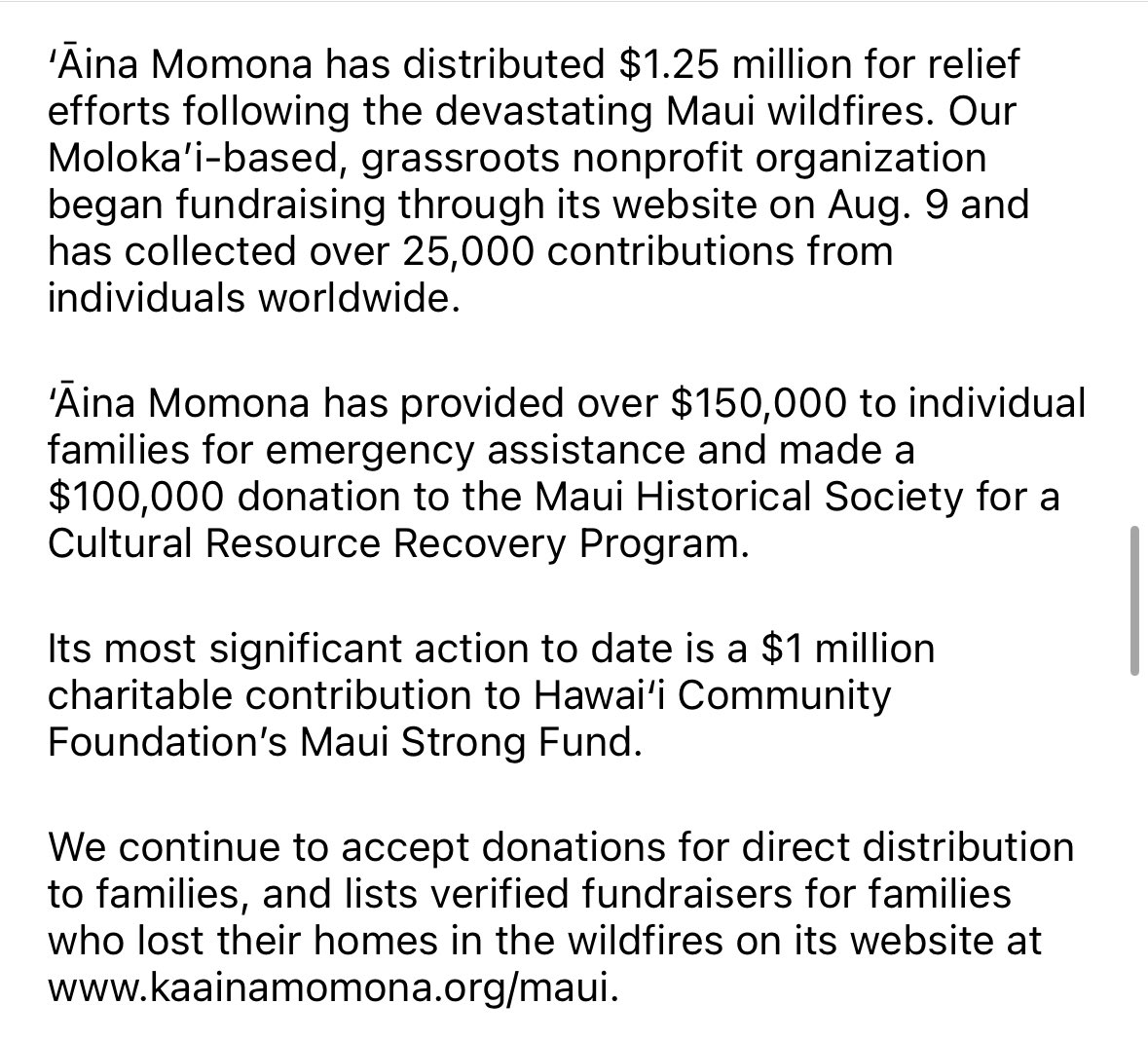 ‘Āina Momona was able to donate $75,000 to a fellow Native Hawaiian grassroots org, Nā ʻAikāne o Maui. To donate, please visit kaainamomona.org/maui. Mahalo nui to everyone who has contributed! We stand with our lāhui in Maui. #ainamomona #mauihawaii #mauistrong #lahaina