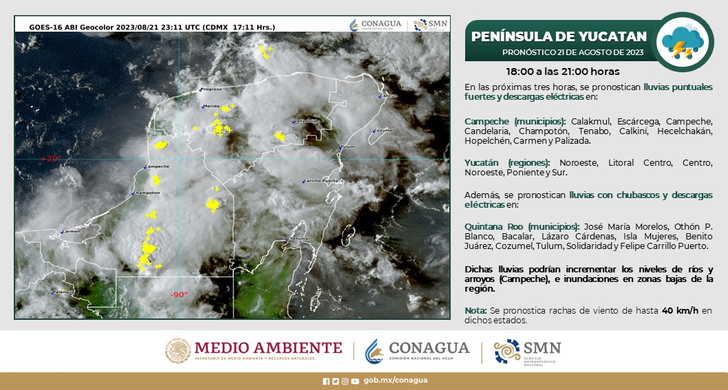 La <a href="/conagua_clima/">CONAGUA Clima</a> informa que para las próximas horas se pronostica lluvias con chubascos y descargas eléctricas, para los municipios de José M. Morelos, Othón P Blanco, Bacalar, Lázaro Cárdenas, Solidaridad, Tulum, Felipe C. Puerto, Isla Mujeres, Benito Juárez y Puerto Morelos.