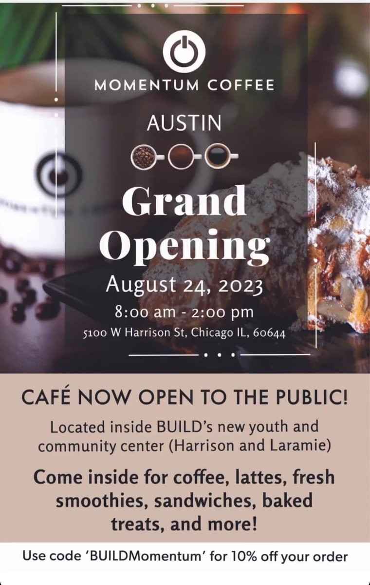 Momentum Coffee Austin is having its Grand Opening on August 24, 2023!!!
We are located at 5100 W Harrison St. Chicago IL, 60644
We hope to see you there! 🎉 ☕ 

#ignitespaces #momentumcoffee #momentumcoffeeaustin #chicagocoffeeshop #keepthemomentum