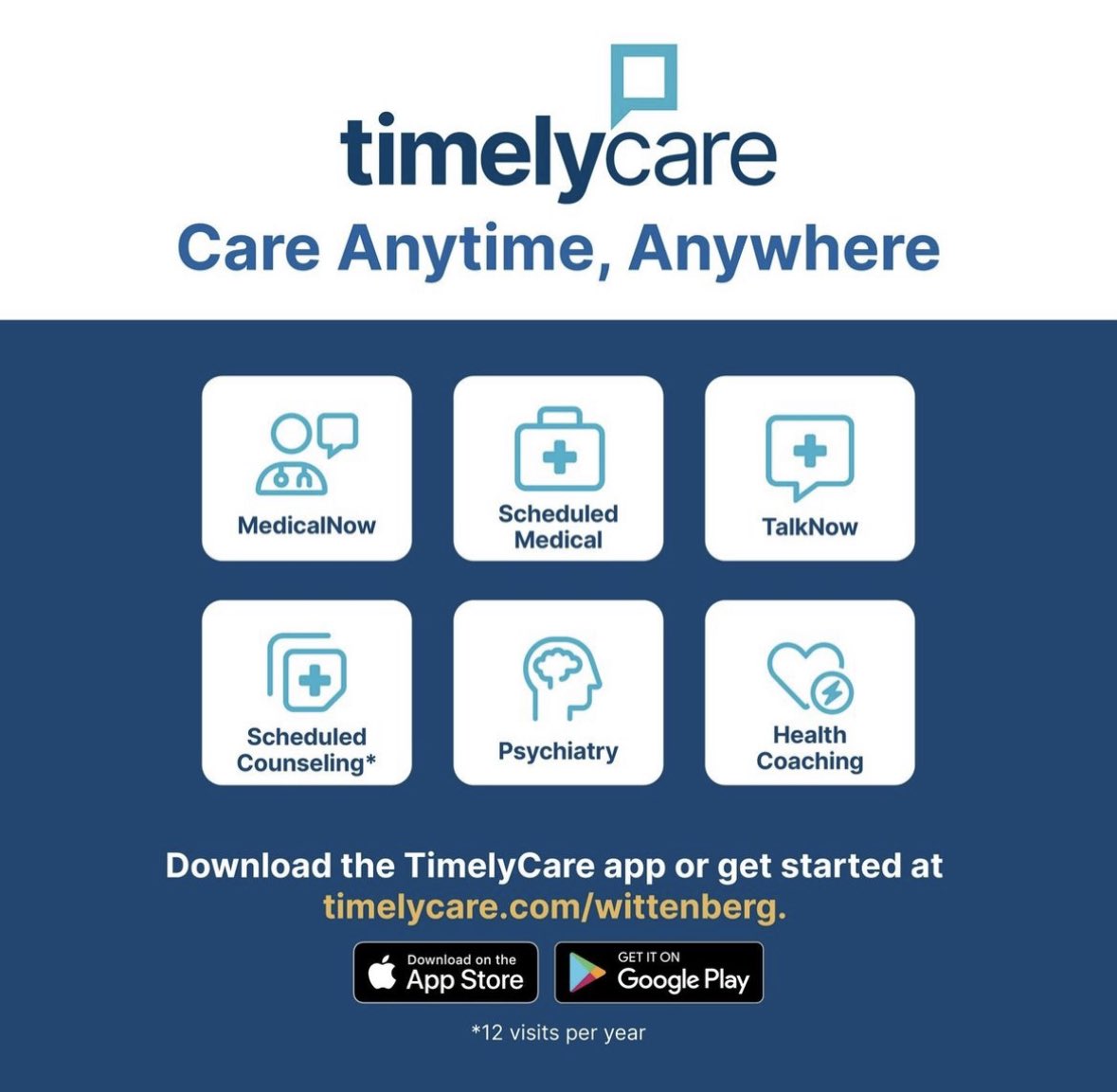 We are excited to now partner with TimelyCare to provide 24/7 access to care to our students.  Along with meeting your basic health and wellness needs, TimelyCare also provides education on managing stress, nutrition guidance &amp; fitness support. Download the app TODAY!