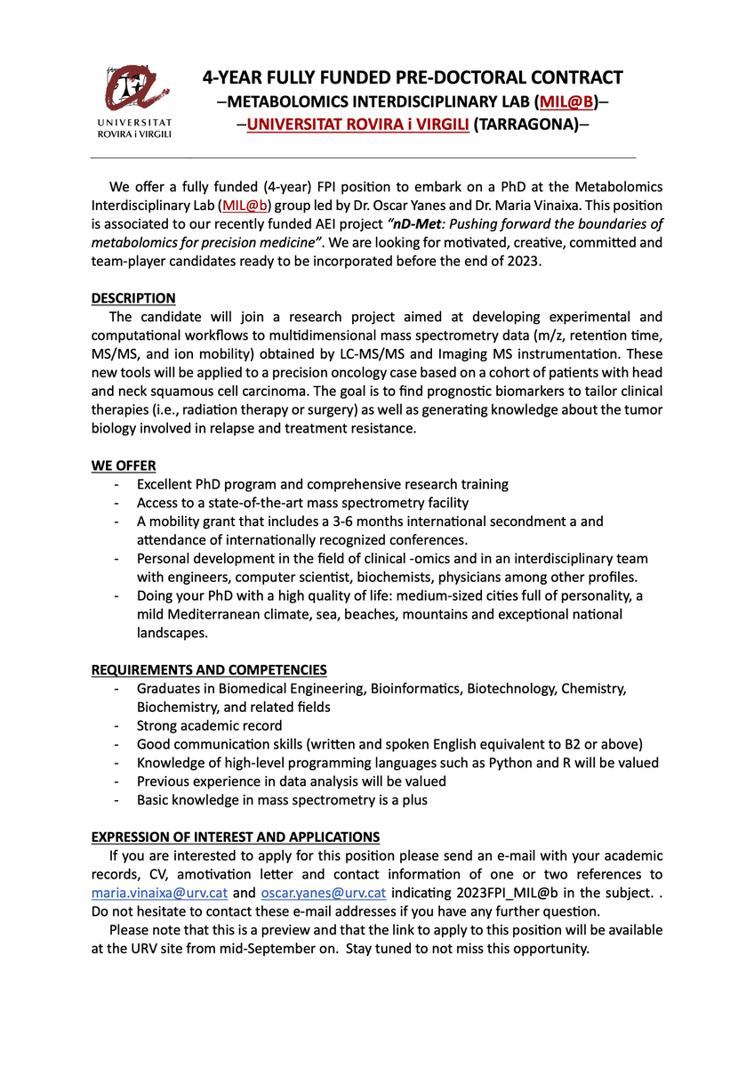 We offer a fully funded (4-year) PhD position at MIL@b (milab.recerca.urv.cat/en/). If you are a highly motivated and talented researcher interested in delving into multimodal mass spectrometry for #metabolomics contact <a href="/yaneslab/">Oscar Yanes</a> or <a href="/MarionaVinaixa/">Maria Vinaixa</a> 👇