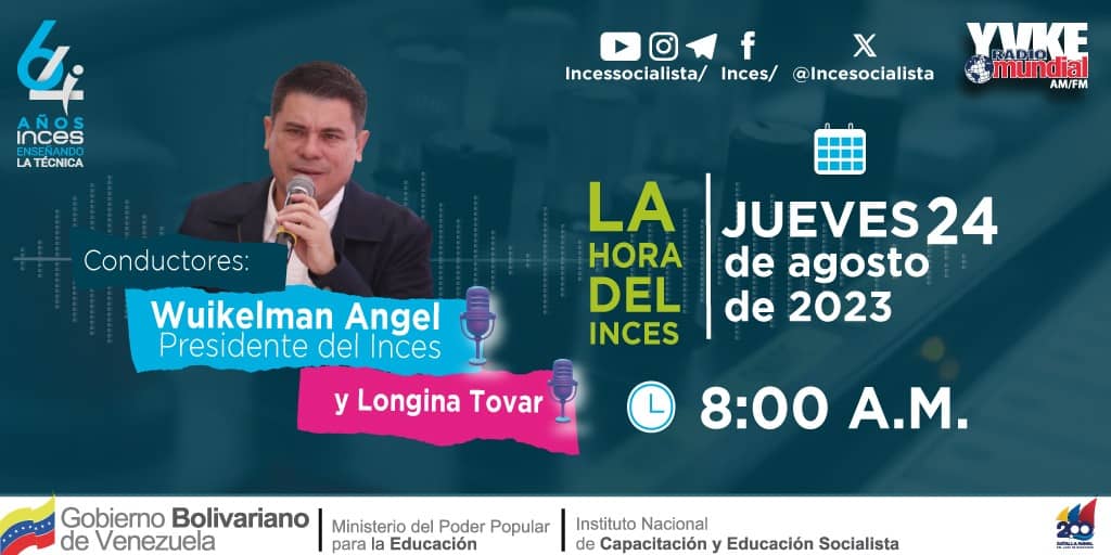 Estamos muy emocionados de anunciar el lanzamiento de nuestro nuevo programa de radio, ”La hora del INCES”, conducido por <a href="/WuikelmanAngelP/">Wuikelman Angel P.</a> y Longina Tovar.
🗓 JUEVES 24/08
🕘 08 AM
📻@yvke_mundial 550 AM / 94.5 FM
#64AñosEnseñandoLaTécnica