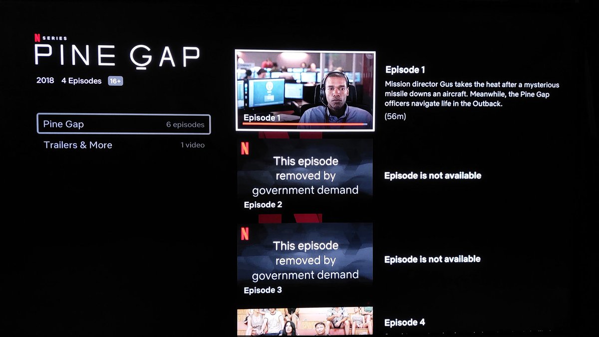 Censorship on #netflix ? Two episodes of Pine Gap, tackling a fictional conflict of superpowers in the #westphilippinesea #SouthChinaSea have been blocked by Netflix. The empty slots now state "The episode removed by government demand." Which government, dear #netflix?
