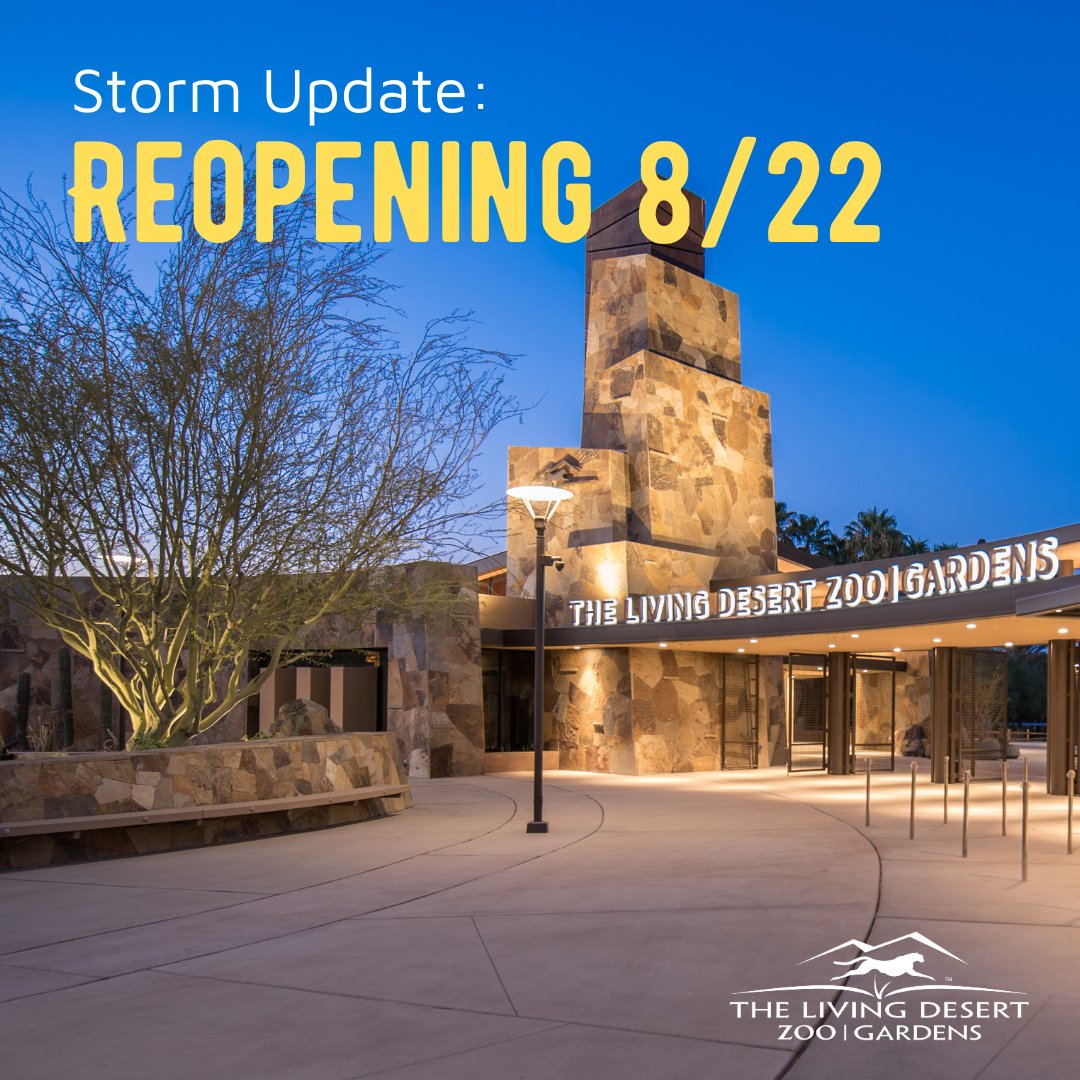 livingdesert's tweet photo. We're pleased to announce that the Zoo will reopen to the public tomorrow, Tuesday, August 22. Please note, for everyone's safety, some pathways may be altered and some animals may be off habitat. We ask for your patience and flexibility as we reopen.

https://t.co/pSvfRSNAE4 https://t.co/oUJXUNAtqc
