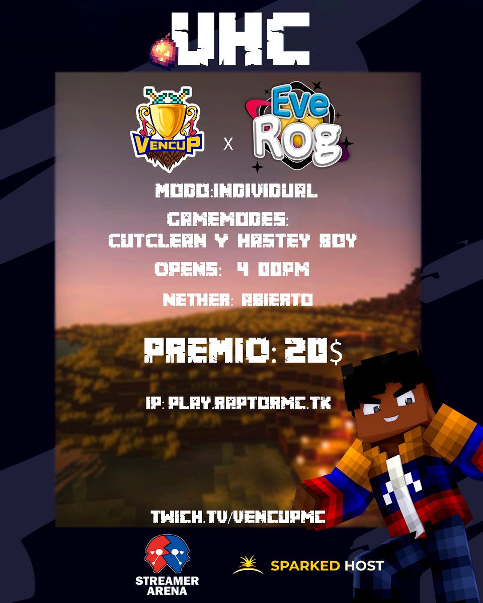 📣Únete al UHC beta test Vencup x Eve Rog en Minecraft 1.8

&lt;(NA) EveRog x Vencup [1.8]

» Modo: Individual
» Gamemodes: CutClean,  Hastey Boys 
» Opens: 4:00pm 🇻🇪

» Nether: abierto

IP: Play.raptormc.tk

Link de registro: communitygaming.io/tournament/ven…

<a href="/CGaming_LatAm/">Community Gaming LatAm</a>