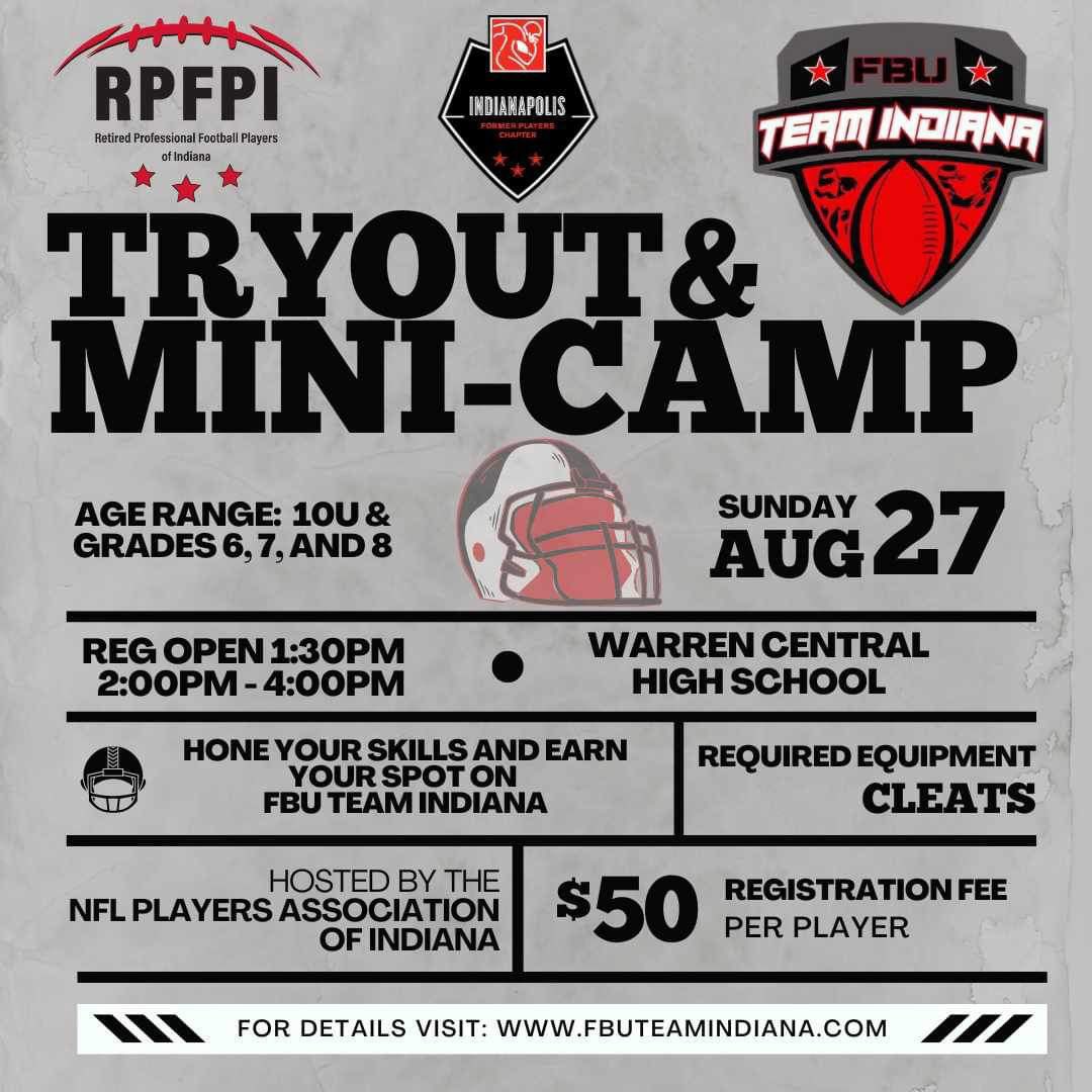 🔥 Unleash your potential on the field! Our Mini Camp/Tryout on August 27th is something you don’t want to miss. Your $50 registration covers future tryouts and camps for all of 2023. Earn your spot on the FBU Team Indiana. Register at fbuteamindiana.com.