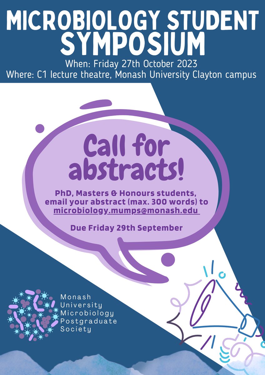 🦠🧫 MUMPS is excited to be hosting the 2023 Microbiology Student Symposium on Friday October 27th on campus! If you're a student interested in presenting your research and possibly winning some great awards and prizes, submit your abstract to microbiology.mumps@monash.edu! 🔬🧬