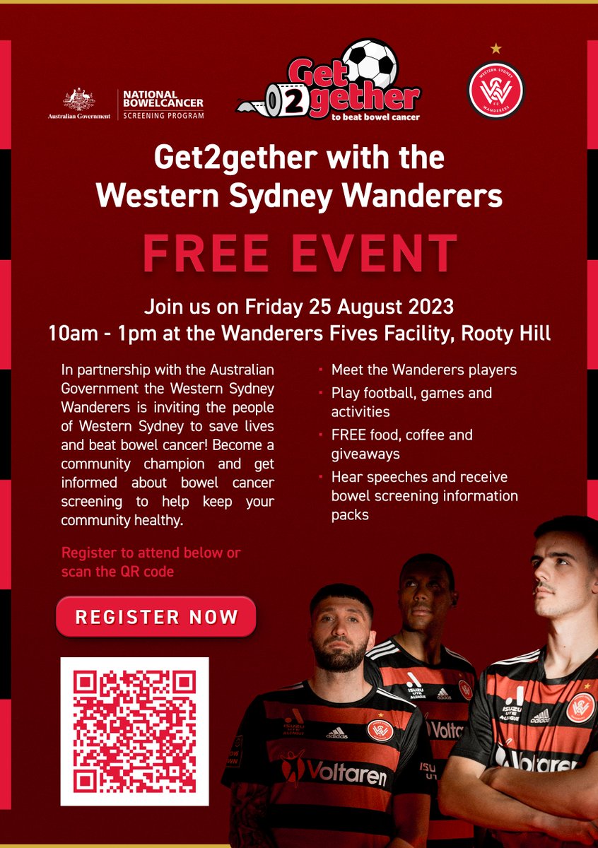 In partnership with the Australian Government and the Department of Health, the @wswanderersfcare inviting community groups and networks to help save lives and beat bowel cancer! 

Register now at hubs.ly/Q01-8R1x0