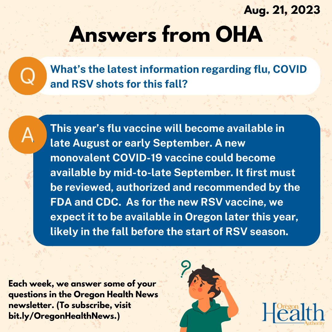 This year’s flu vaccine will become available in Aug. or early Sept. A new monovalent COVID-19 vaccine could become available by mid-to-late Sept. As for the RSV vaccine, we expect it to be available later this year. Have a question about health topics? bit.ly/AskOHAHealthEx…