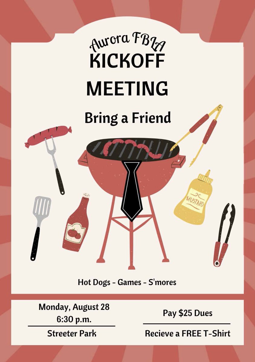 Join us at Streeter Park on Monday, August 28 at 6:30 pm for our FBLA kickoff meeting!

Come and enjoy hotdogs and s'mores!

Be sure to stick around for games after the meal!