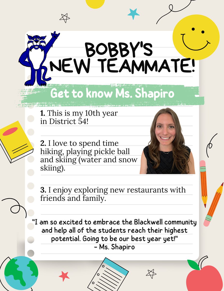 Bobby has new friends around Blackwell! Meet his friend Ms. Shapiro, our new assistant principal 🎉