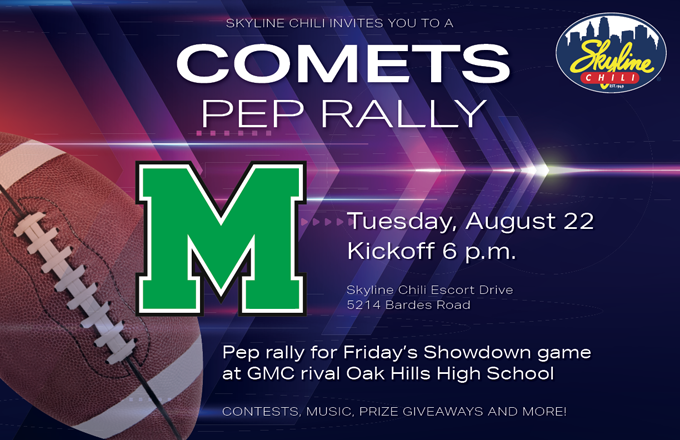 Hey <a href="/MasonCometsFB/">Mason Football</a> fans!!! Join us TOMORROW night at 6pm at the Escort Drive <a href="/Skyline_Chili/">Skyline Chili</a> for YOUR 2023 Skyline Chili Pep Rally. Cheerleaders and members of the team will be on hand to get ready Friday's #xtownshowdown game against the Highlanders!