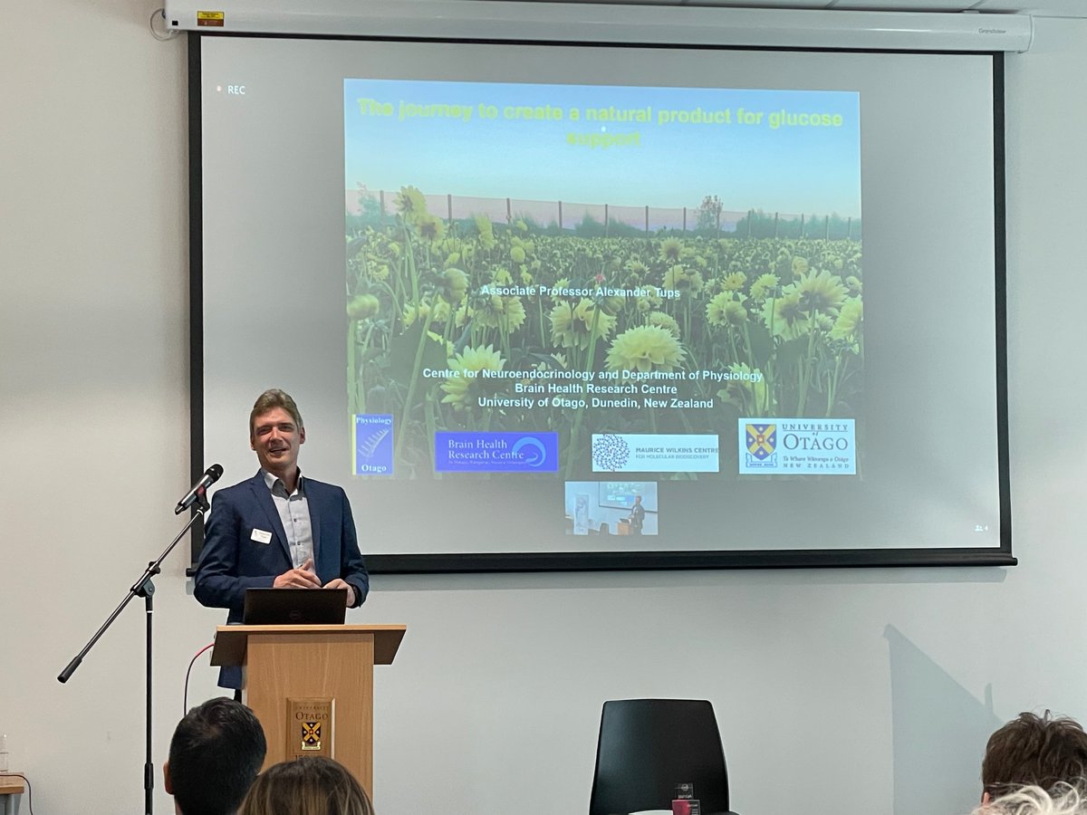 Brains_NZ's tweet photo. What a great morning hearing from our postgraduate students, really interesting research and fantastic presentations! We are starting our afternoon with our Keynote A/Prof Alex Tups speaking about his exciting journey to create a natural product for glucose support https://t.co/w4uRRhXEGU