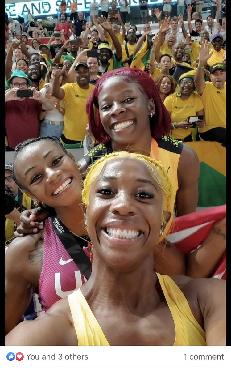 Love the spirit here ladies. Congrats to Sha’Carri, Shericka and Mommy Rocket all 3 ladies united in victory. #ShaCarriRichardson #MommyRocket #SherickaJackson Jamaicans celebrating too. One Love.