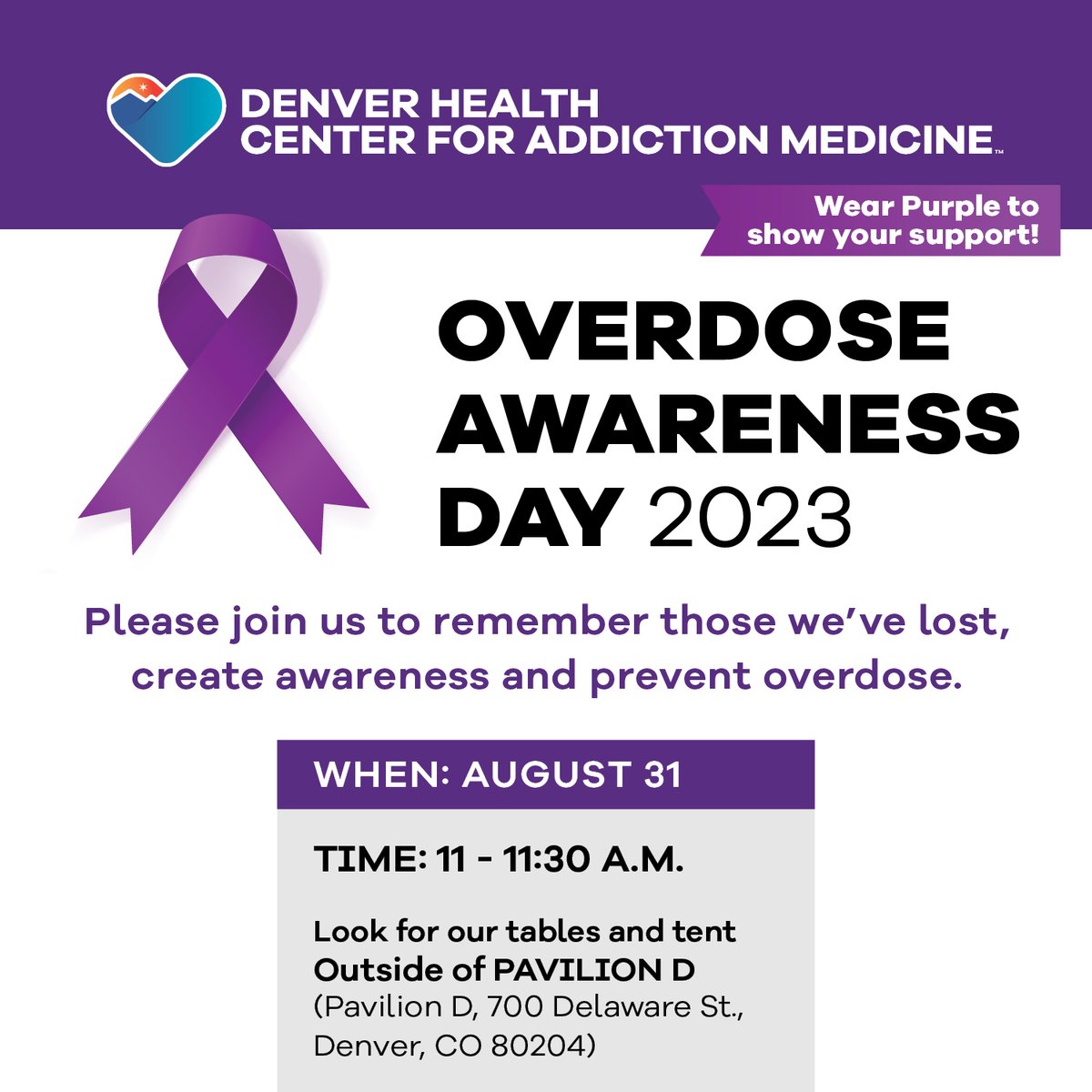 In 2022, 1,799 people died of drug overdoses in Colorado. Join us this #OverdoseAwarenessDay to reflect, learn and save lives. See flyer for in-person attendance details or join us virtually on our Facebook livestream. Remember to show your support by wearing purple! 💜