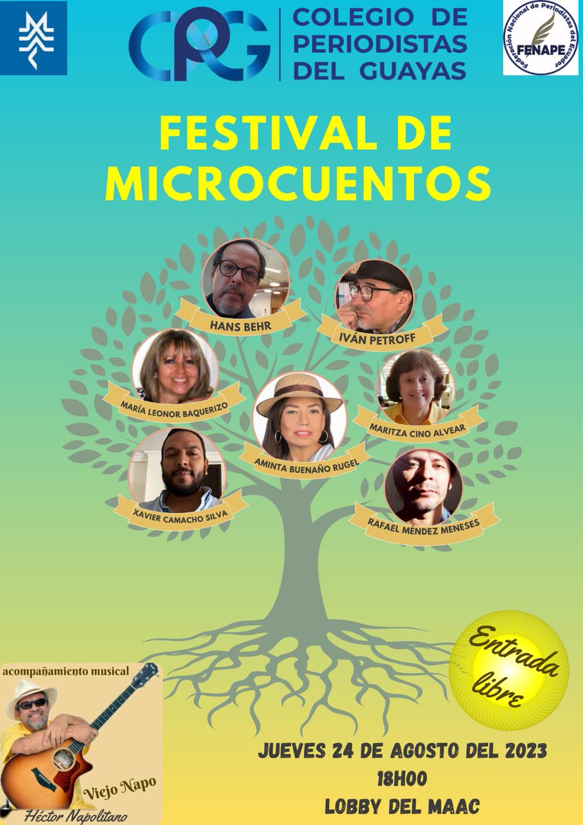 Este Jueves 24 en el <a href="/MaacEc/">MaacEc</a>, disfrutaremos de una noche alucinante junto a importantes escritores ecuatorianos.
FESTIVAL DE MICROCUENTOS.
Invita: Comisión de Cultura del Circulo de Periodistas del Guayas.
Allí estaré !!!
#Cultura #oriele #MicroCuentos #Guayaquil