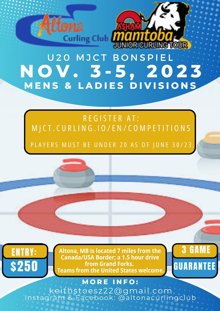 Seeing @teamwahlcurling curling this weekend reminded us it was time to get the word out that we’re hosting an <a href="/mjctmedia/">MJCT</a> bonspiel the first weekend in November. See poster for more information. 

<a href="/curlmanitoba/">CurlManitoba</a> 
#curling
