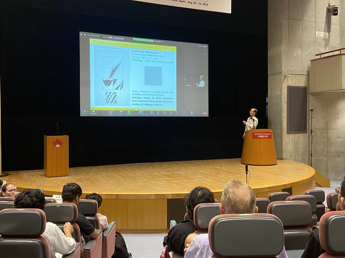 ProfMSmall's tweet image. Great morning session of invited talks at #iciam2023 - first, persistent homology with Yasuaki Hiraoka and, second, a fantastic talk by Gary Froyland of @UNSW on unravelling complex dynamics with the eigenspectrum of linear operators @ComplexSystemsG