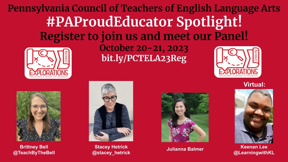 PCTELANews's tweet image. Featured Speaker Spotlight: #PCTELA23 is excited to welcome our #PAProudEducator Panel!  Welcome Brittney Bell, Stacey Hetrick, Julianna Balmer and Keenan Lee! Register today and come join in the fun this fall! @TeachByTheBell @stacey_hetrick @LearningwithKL #Explorations