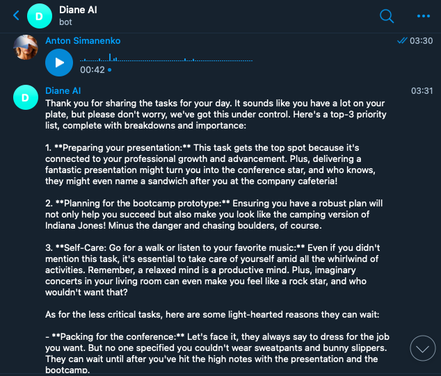asimanenko's tweet photo. 1/ Continuing my work on an ADHD-focused prototype at @_buildspace  @_nightsweekends. All set with gpt-powered coding.

1️⃣ Send a voice to the bot on Telegram about morning concerns to empty your mind.
2️⃣ It transcribes, organizes and prioritizes, leaving three key tasks. https://t.co/J53VydWBHH