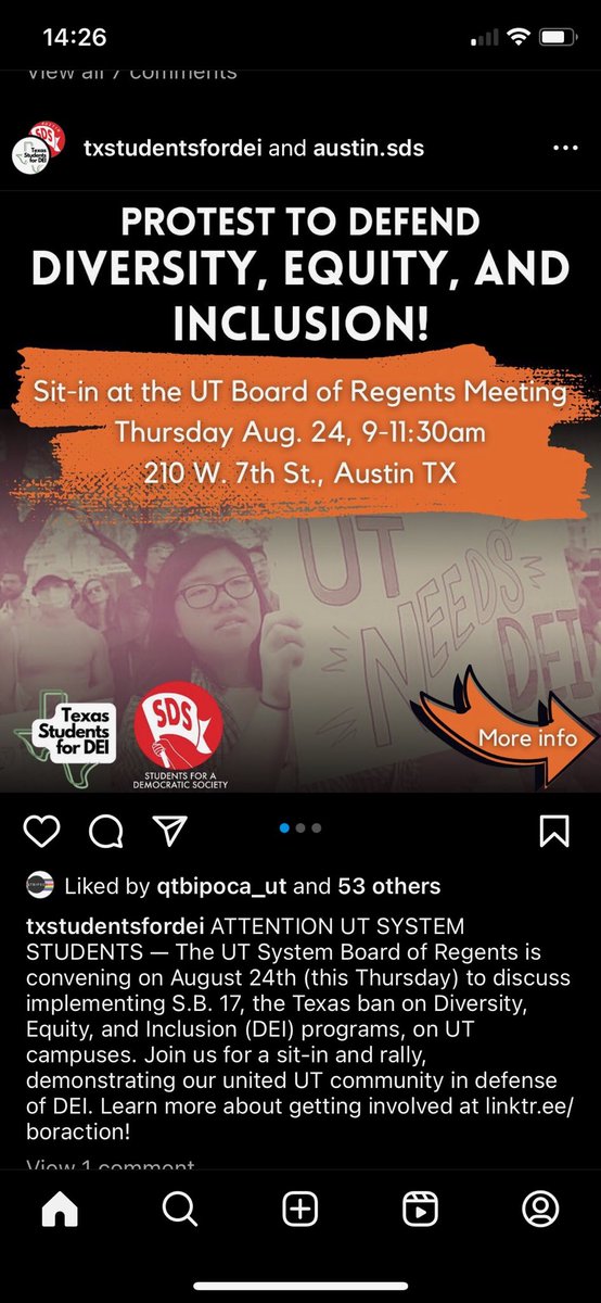 Texas Students for DEI and SDS are holding a sit-in this Thursday at the UT Regents meeting downtown.