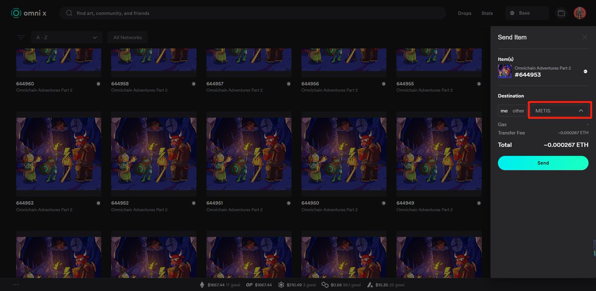 同时交互L0 + MintFun，成本0.44U 轻松完成本周L0活跃！

1：先去MintFun 用Base网络 mint 20个NFT
mint.fun/base/0x061A883…

2:然后去Omni个人中心把领取到的NFT跨链到 METIS网络
omni-x.io/account