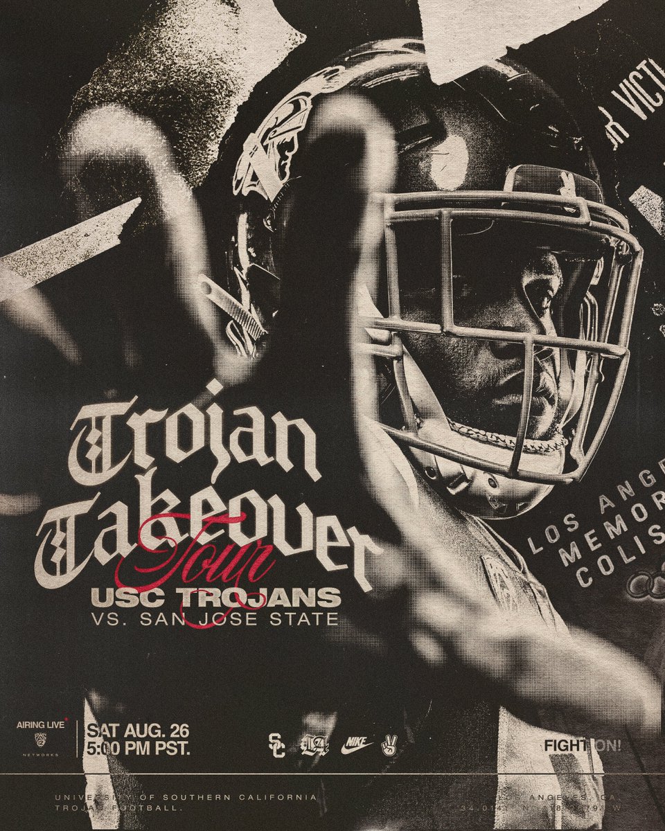 ⚠️ IT’S GAME WEEK! ⚠️ Kicking off the tour at home… 🏠 🗓️ This Saturday 8/26 ⌚️ 5:00 PM PT 📍 @lacoliseum 📺 @Pac12Network 🎟️ hoo.be/uscfb Y’all ready? ‼️👀✌️