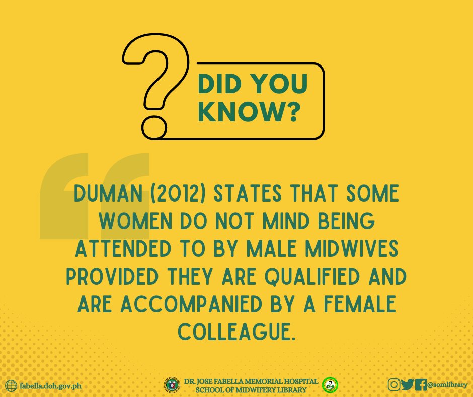 somlibrary's tweet image. Did you know?

Duman (2012) states that some women do not mind being attended to by male midwives provided they are qualified and are accompanied by a female colleague.

#GADMondays
#SOMLibrary
