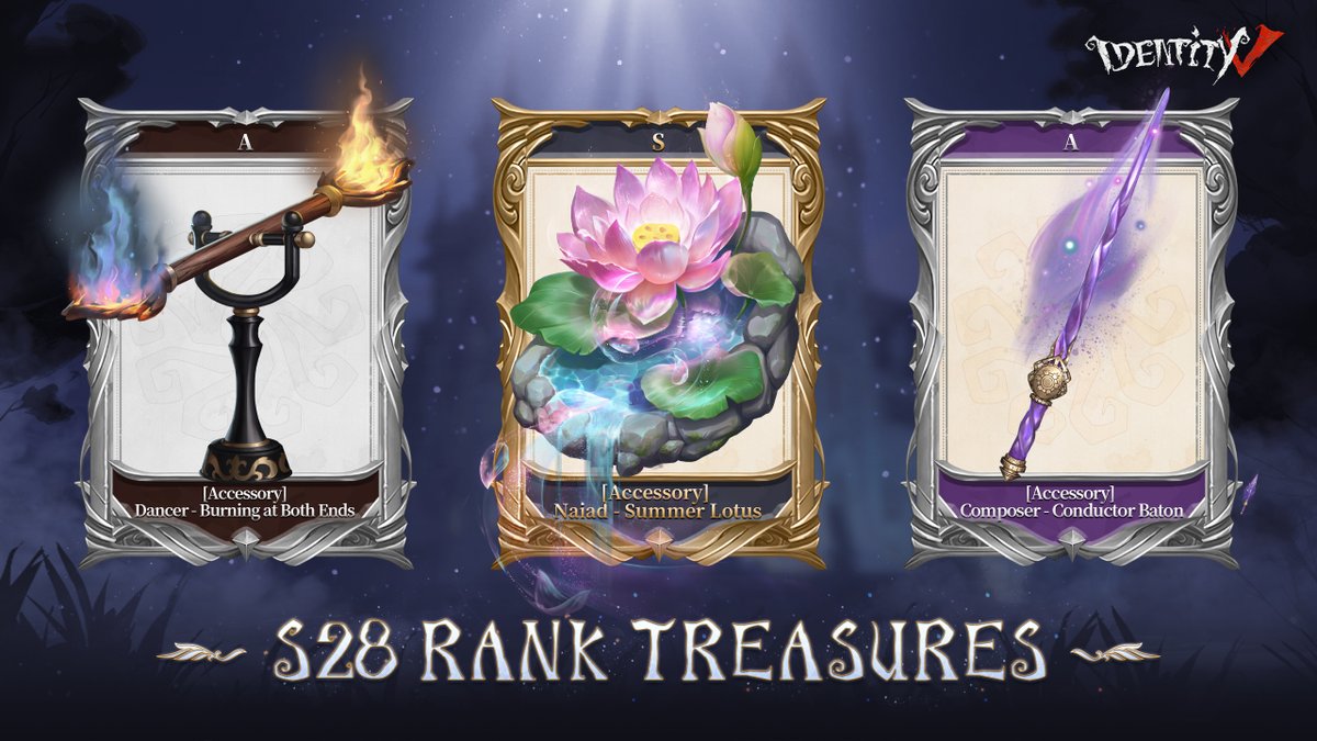 GameIdentityV's tweet photo. Dear Visitors,
2023 Rank Treasures Revealed! Two A Accessory, Dancer - Burning at Both Ends and Composer - Conductor Baton. Plus an S-Accessory, Naiad - Summer Lotus.
Stay tuned for more!
#IdentityV #Season28 #RankTreasures https://t.co/SrW2uOuNou