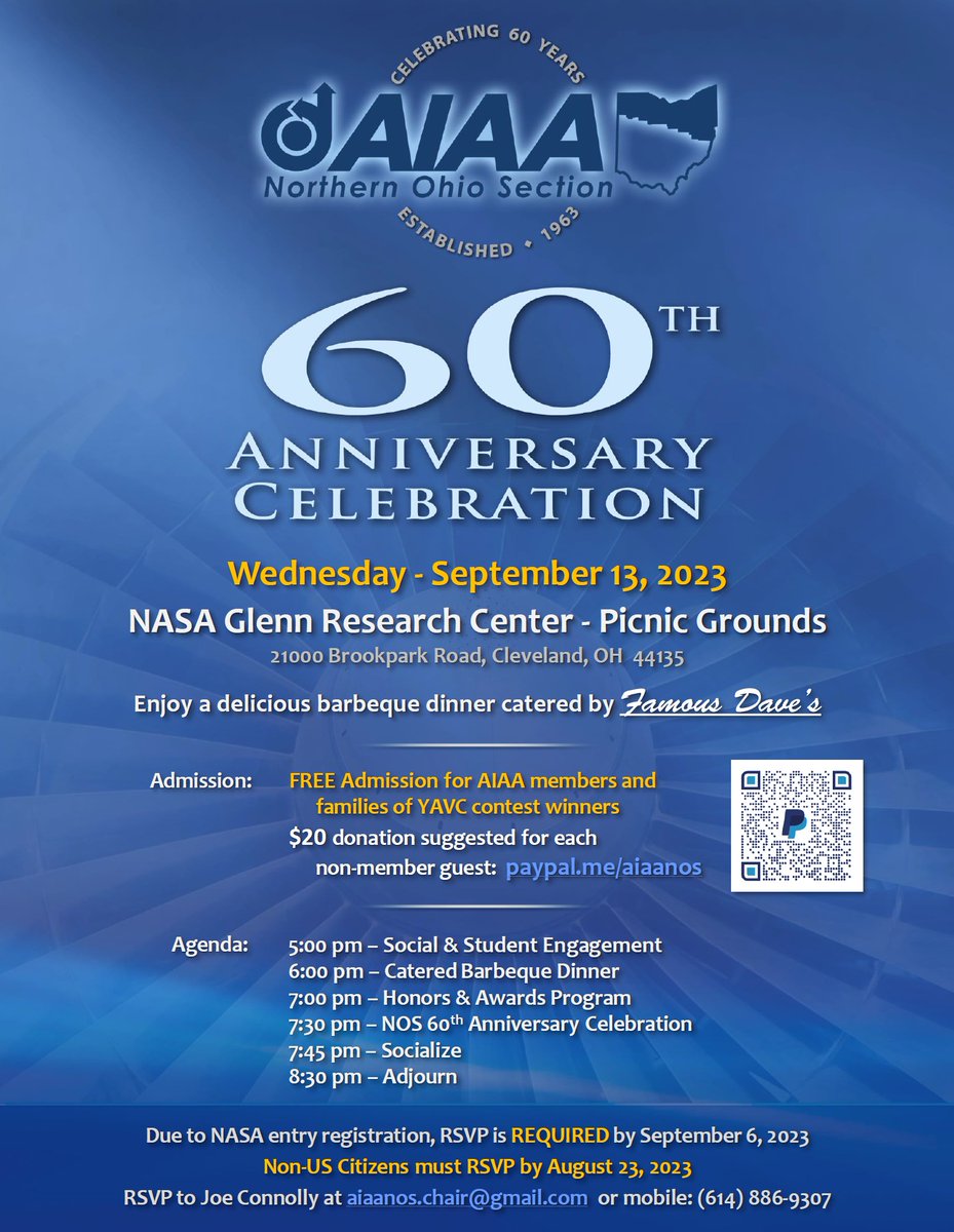 Join us for our 60th Anniversary Celebration on 9/13 5pm at <a href="/NASAglenn/">NASA's Glenn Research Center</a> Picnic Grounds. Enjoy BBQ dinner and special programming. FREE Admission for AIAA members. See flyer for full details. RSVP REQUIRED by 9/6 to aiaanos.chair@gmail.com. We hope to see you there!