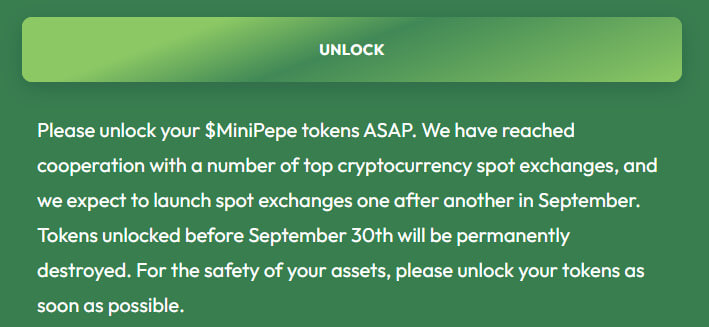 🗣Announcement:Minipepe is being unlocked. After September 30th, the unlocking will be closed, and the unlocked minipepe will be destroyed.

🔓Unlock minipepe minipepe.me/#/unlock