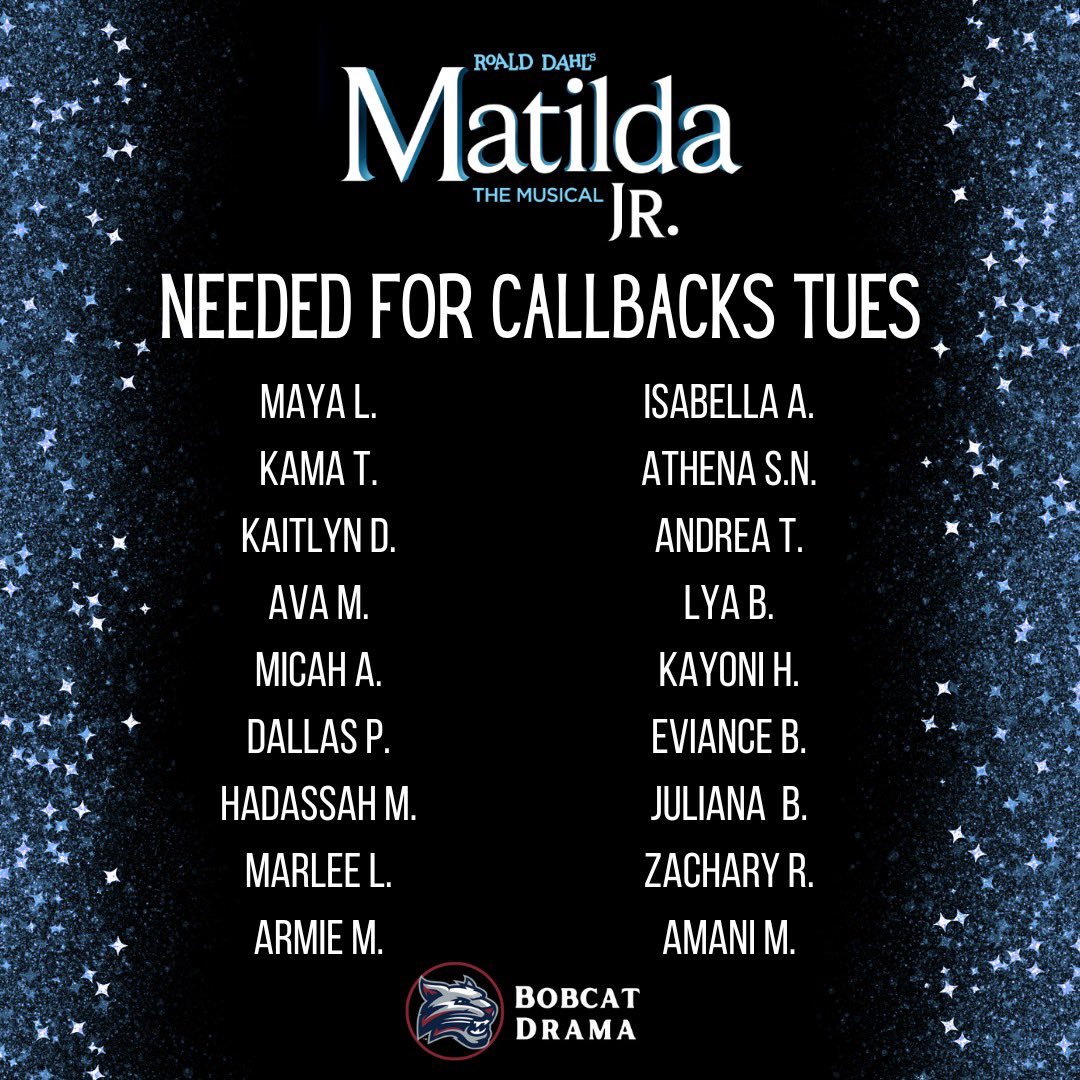 MATILDA CALL BACKS!!! Congratulations to everyone. Remember just because you are not called back doesn’t mean you are not cast. Keep your eyes open tomorrow night for the full cast list.
<a href="/KilleenISD_/">KISD Sports</a> <a href="/KilleenFinearts/">Fine Arts Department</a> <a href="/chskisd/">Chaparral High</a> @Dr_N_Etienne