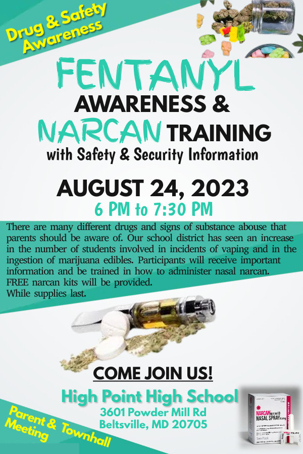 teach2dfuture's tweet photo. 📢 Attention High Point High School Parents and Guardians! 📢

We cordially invite you to attend our upcoming Town Hall Meeting focusing on Drug and Safety Awareness, specifically regarding Fentanyl and Narcan Training. This is an essential opportunity for us to join forces and equip ourselves with crucial knowledge and tools to ensure the well-being of our children.

📅 Date: August 24, 2023
⏰ Time: 6:00-7:30 PM
🏢 Location: Auditorium, High Point High School

During this informative session, we will cover the following topics:
1️⃣ Understanding Fentanyl: Learn what Fentanyl is, its prevalence, and the associated risks and dangers.
2️⃣ Recognizing Signs and Symptoms: Gain insights into the signs and symptoms of Fentanyl use, so we can be vigilant and intervene promptly if needed.
3️⃣ Narcan Training: Get trained on administering Narcan, an emergency medication used to reverse opioid overdoses. This knowledge can save lives in critical situations.
4️⃣ Open Discussion: Engage in an open and supportive dialogue where you can ask questions, share concerns, and exchange ideas with experts and other parents.

Our goal is to create a strong community prepared to address the challenges posed by drugs and ensure the safety of our children. We can collectively make a difference and protect our loved ones by coming together at this Town Hall Meeting. The knowledge and awareness gained from this session will empower us to be proactive and responsive in safeguarding our children's well-being.

Let's unite against drug abuse and create a safe and nurturing environment for our children. 
See you at the Town Hall Meeting! @pgcps @DrCMarrow, @Dr_Ed_Ryans #SoarTogetherRiseAsOne
#DrugAwareness #SafetyFirst #CommunityMatters