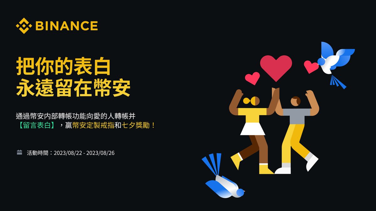 binancezh's tweet photo. 🎋把你的表白永远留在币安⛓

通过 #币安 内部转账功能向爱的人的ID转账，并在【留言处】填写你的 #七夕 表白，赢币安定制戒指和七夕奖励！

💛关注+评论区@三位好友
💬使用 #币安告白 ，在评论区或个人主页留下你的转账记录和留言截图

奖励：
🌕77U*7
💍币安定制戒指*7
🔸7U*17

#Binance #区块链 https://t.co/gzwzbPU4sv