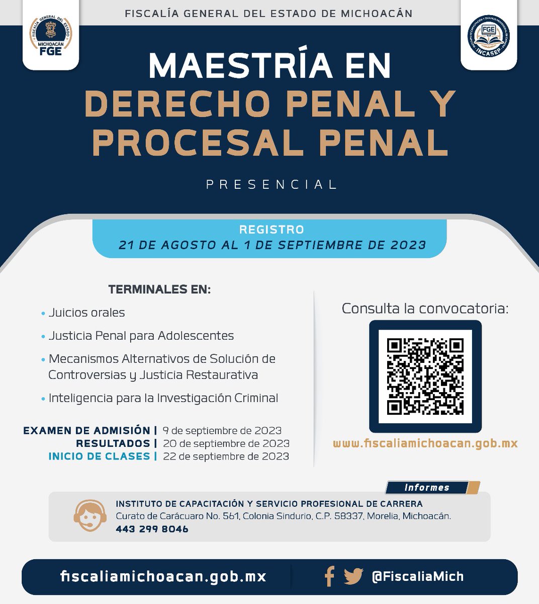FiscaliaMich's tweet photo. Dirigida a quienes integran las instituciones de Seguridad Pública y de Procuración de Justicia, personal académico, abogadas y abogados que desean ampliar o profundizar sus conocimientos y destrezas en el campo del Derecho Penal. CONÓCELA AQUÍ ➡️ https://t.co/5O56tmYASi
#FGEMich https://t.co/YCPuf6QYBD