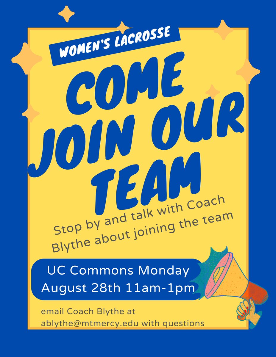 Are you interested in joining the inaugural women's lacrosse team?! Stop by the UC Commons next Monday to meet Coach Blythe and learn more about the sport of lacrosse.