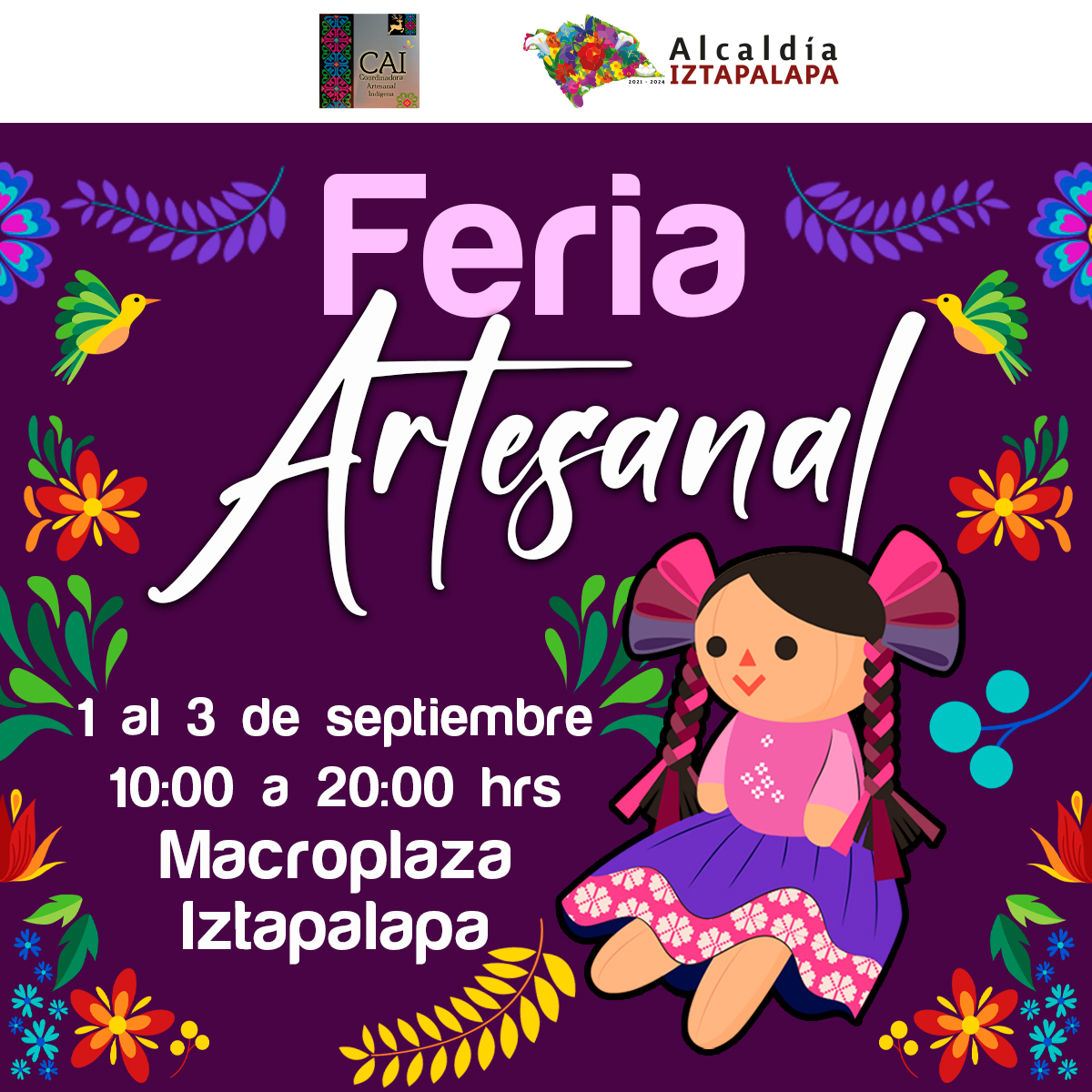 #ApartaLaFecha: Del 1 al 3 de septiembre se realizará la #FeriaArtesanal, donde encontrarás piezas únicas  de talentosos artesanos. Ven y únete a la celebración de la artesanía, el color y la tradición, te esperamos de 10 a 20 h en la #Macroplaza de #Iztapalapa.

¡No faltes!