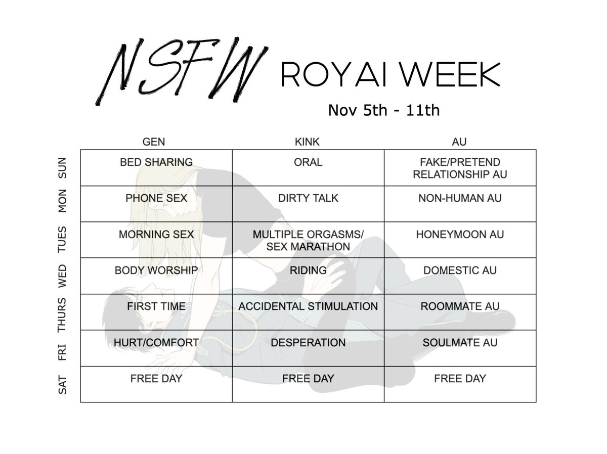 We're proud to announce the prompts for NSFW Royai Week! See you November 5-11!